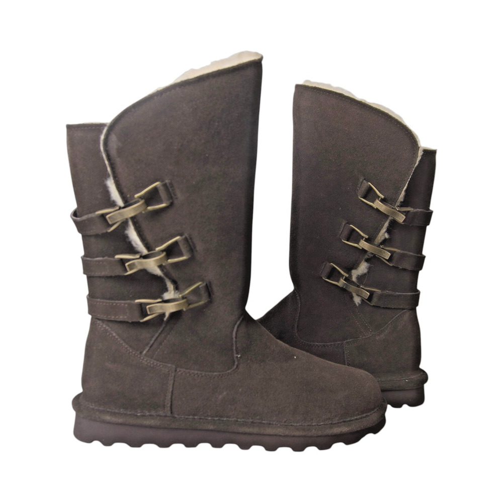 BEARPAW Jenna Boots Sz 8 Brown Suede Wool-Lined Triple-Buckle Winter Boots 2021W